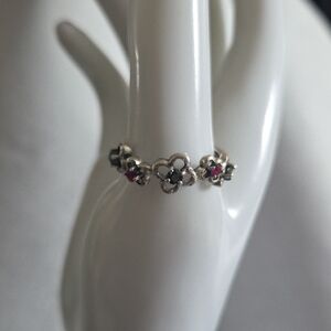 925 Floral Ring With Rubies, Emeralds, And An Obsidian Stone